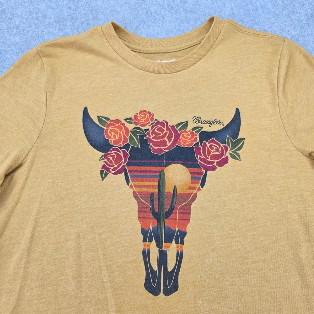 Wrangler Women's Size Small Mustard‎ Yellow Skull Cactus Rose Graphic T Shirt - Picture 6 of 10